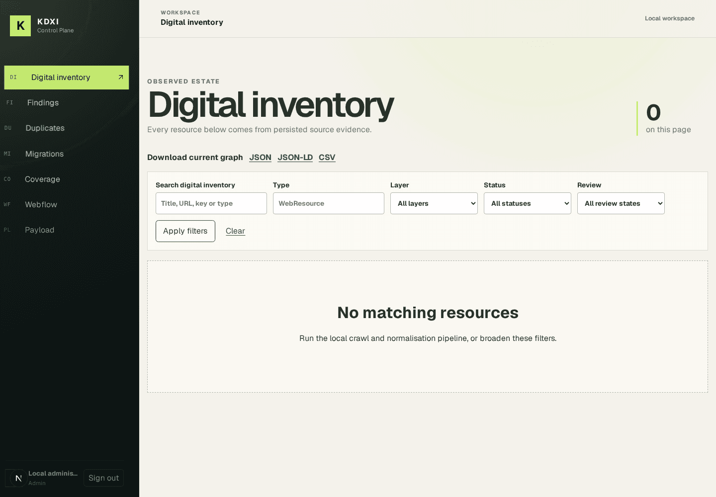 KDXI Digital inventory showing evidence-backed filters and export controls